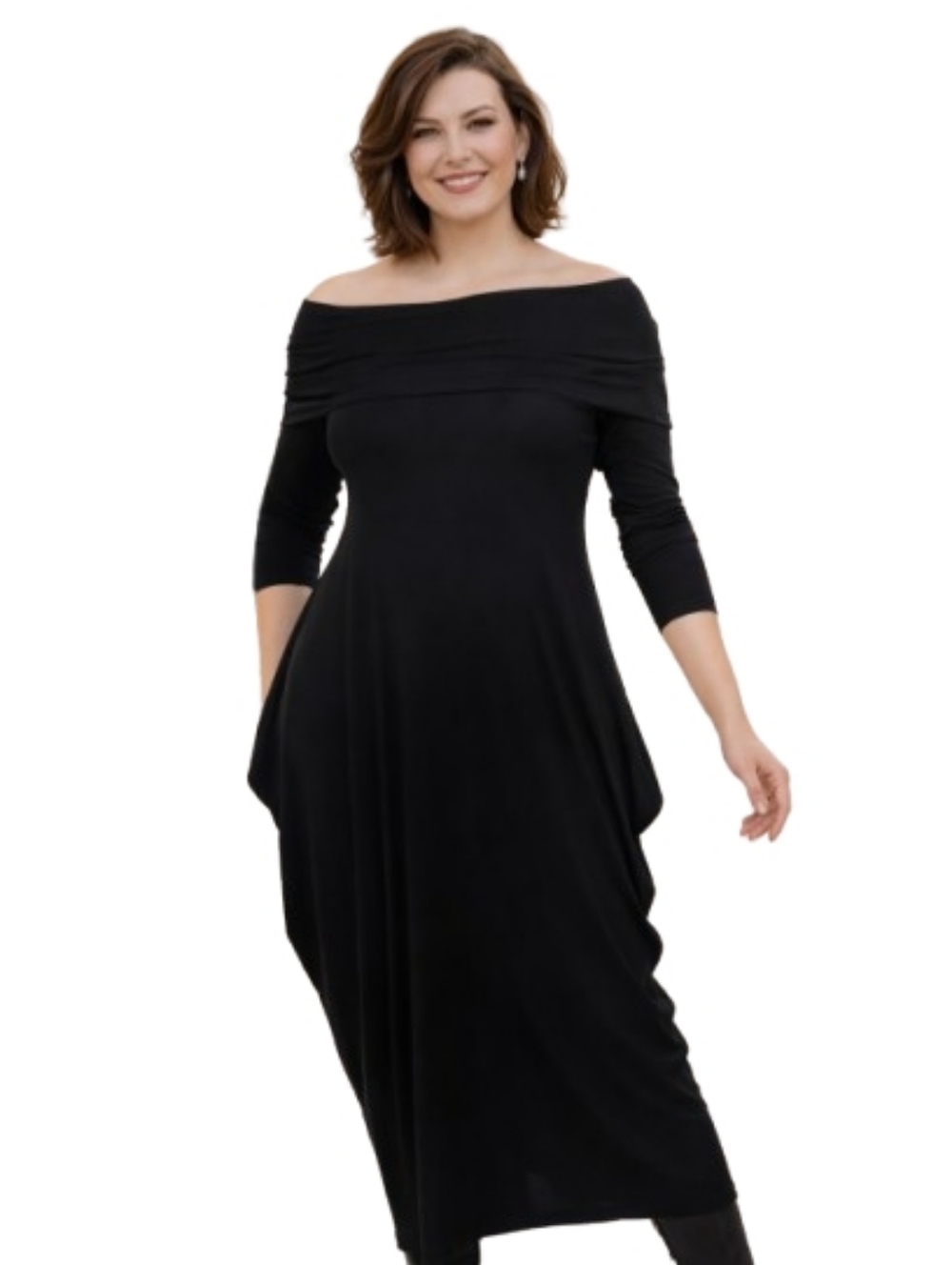 New Sun Kim Maryann Black Stretchy Flowy Drape Midi Length Dress